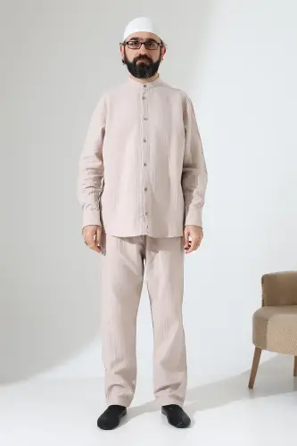 Erkek Müslin Hakim Yaka Gömlek Pantolon İkili Takım, Modern Hac Umre Kıyafeti - Krem (VŞN) - 3