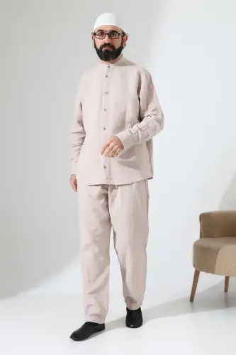 Erkek Müslin Hakim Yaka Gömlek Pantolon İkili Takım, Modern Hac Umre Kıyafeti - Krem (VŞN) - 4