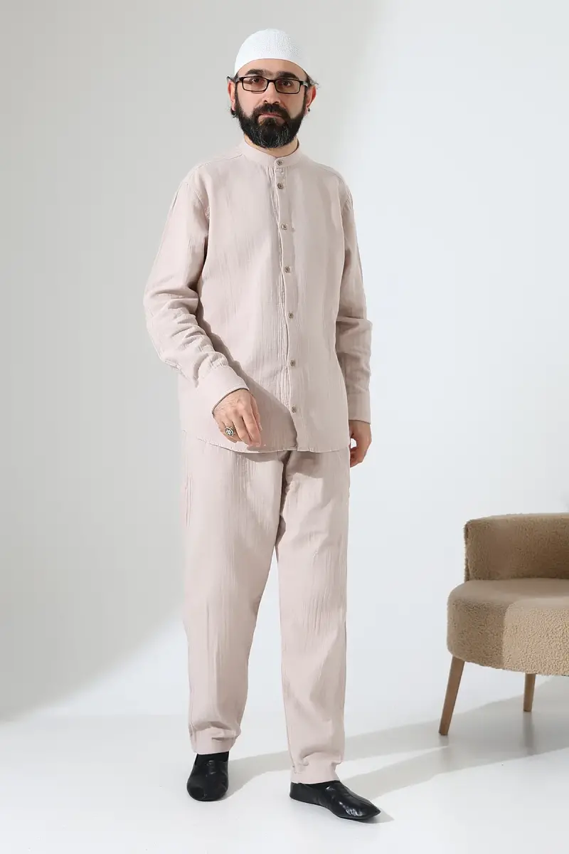 Erkek Müslin Hakim Yaka Gömlek Pantolon İkili Takım, Modern Hac Umre Kıyafeti - Krem (VŞN) - 5