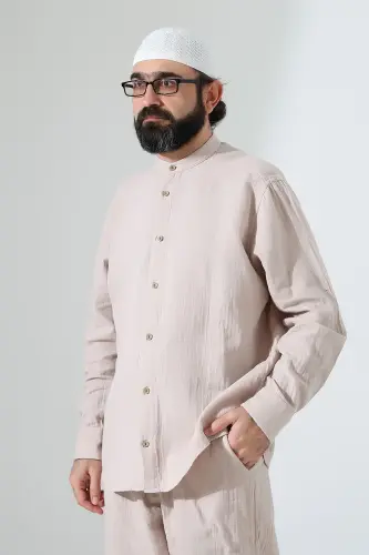 Erkek Müslin Hakim Yaka Gömlek Pantolon İkili Takım, Modern Hac Umre Kıyafeti - Krem (VŞN) - 6