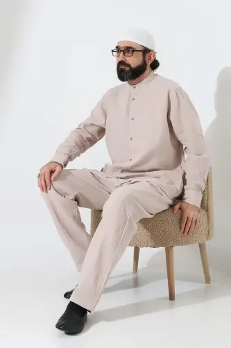 Erkek Müslin Hakim Yaka Gömlek Pantolon İkili Takım, Modern Hac Umre Kıyafeti - Krem (VŞN) - 7