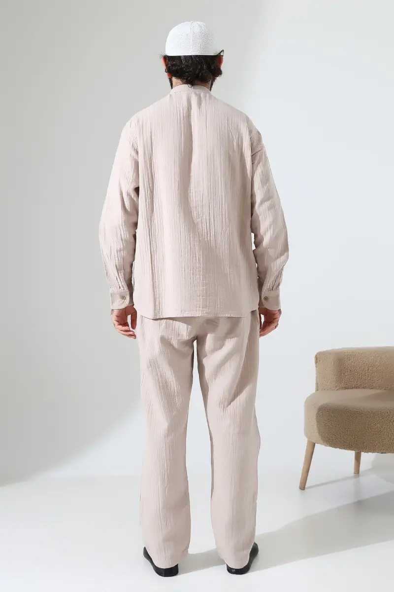 Erkek Müslin Hakim Yaka Gömlek Pantolon İkili Takım, Modern Hac Umre Kıyafeti - Krem (VŞN) - 8