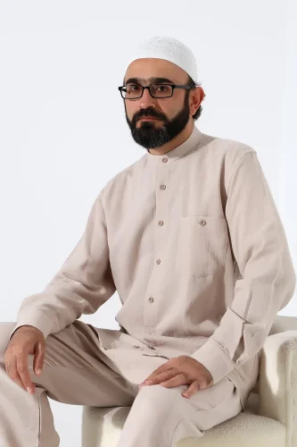 Erkek Müslin Hakim Yaka Uzun Kollu Düğmeli Gömlek, Hac Umre Kıyafeti - Bej (ANS) - 7