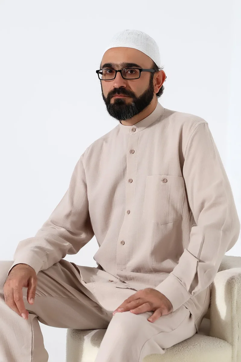 Erkek Müslin Hakim Yaka Uzun Kollu Düğmeli Gömlek, Hac Umre Kıyafeti - Bej (ANS) - 7