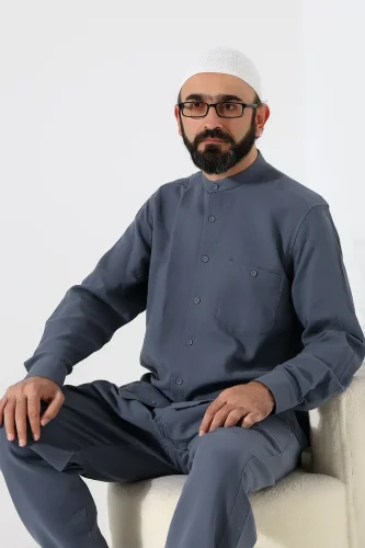 Erkek Müslin Hakim Yaka Uzun Kollu Düğmeli Gömlek, Hac Umre Kıyafeti -Füme (ANS) - 6