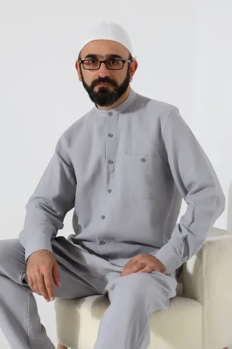 Erkek Müslin Hakim Yaka Uzun Kollu Düğmeli Gömlek, Hac Umre Kıyafeti - Gri (ANS) - 7