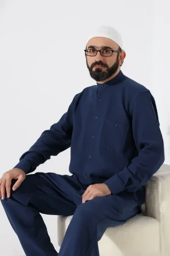 Erkek Müslin Hakim Yaka Uzun Kollu Düğmeli Gömlek, Hac Umre Kıyafeti - Lacivert (ANS) - 6