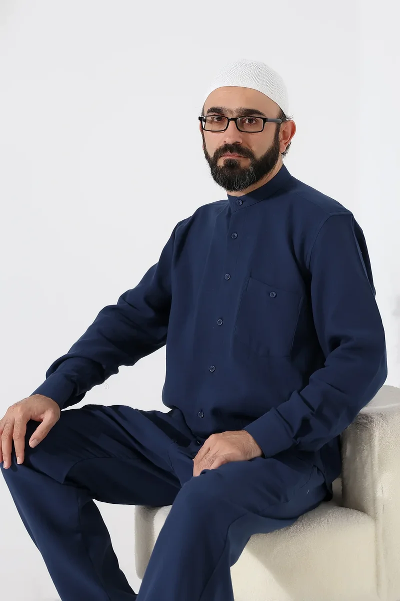 Erkek Müslin Hakim Yaka Uzun Kollu Düğmeli Gömlek, Hac Umre Kıyafeti - Lacivert (ANS) - 6