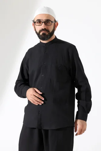 Erkek Müslin Hakim Yaka Uzun Kollu Düğmeli Gömlek, Hac Umre Kıyafeti - Siyah (ANS) - 2