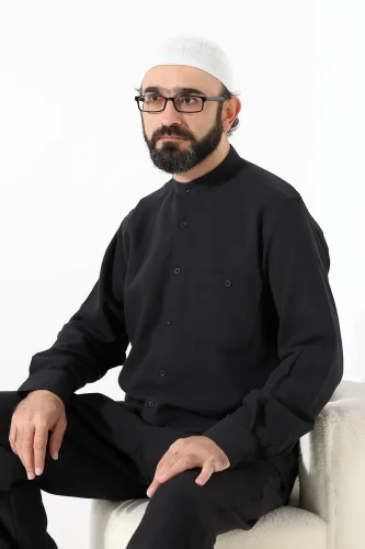 Erkek Müslin Hakim Yaka Uzun Kollu Düğmeli Gömlek, Hac Umre Kıyafeti - Siyah (ANS) - 8