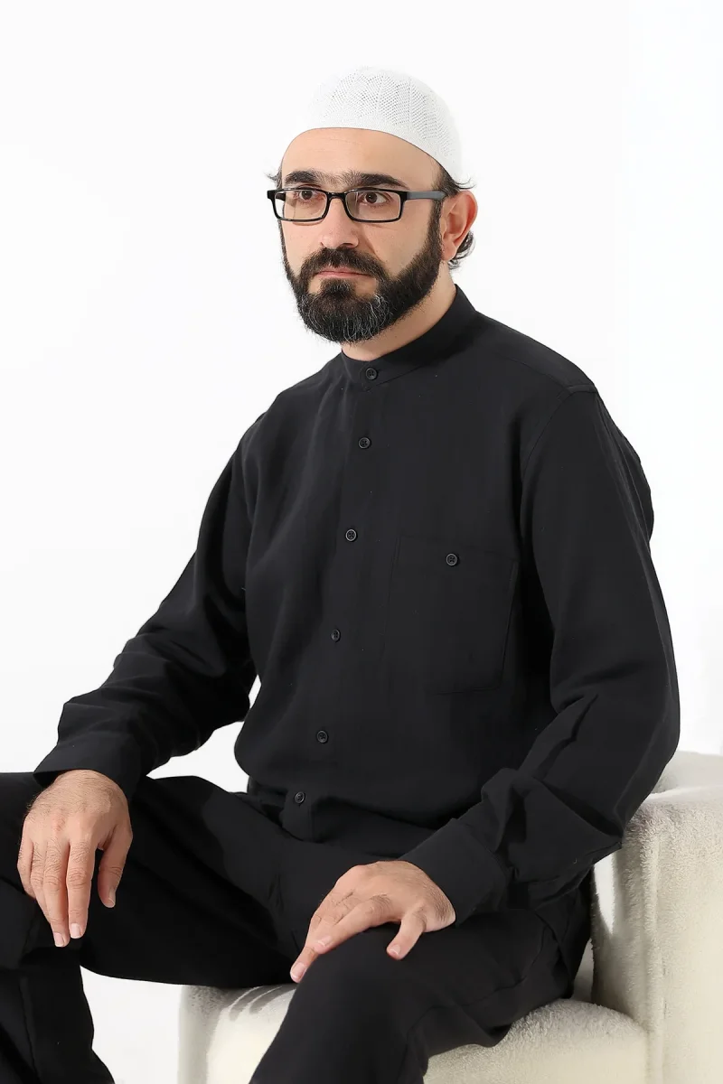 Erkek Müslin Hakim Yaka Uzun Kollu Düğmeli Gömlek, Hac Umre Kıyafeti - Siyah (ANS) - 8