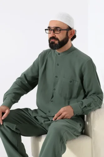 Erkek Müslin Hakim Yaka Uzun Kollu Düğmeli Gömlek, Hac Umre Kıyafeti - Yeşil (ANS) - 7