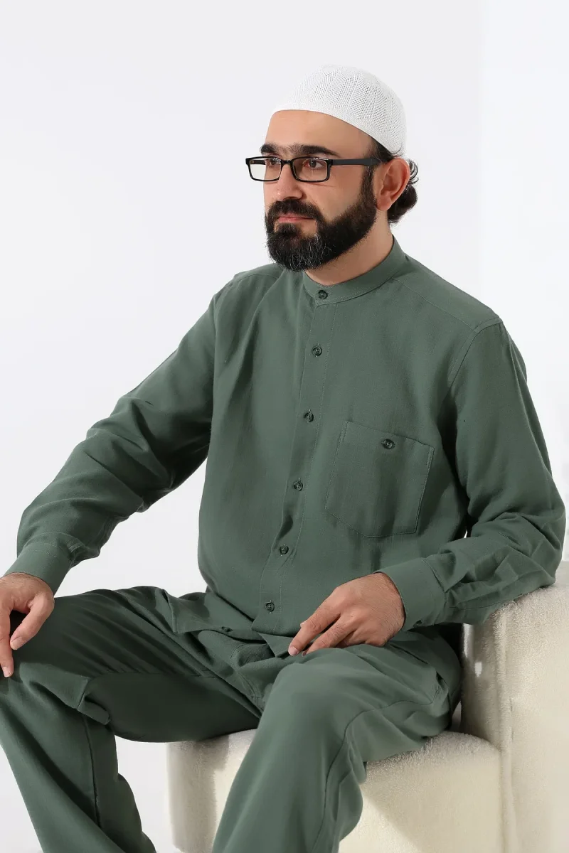 Erkek Müslin Hakim Yaka Uzun Kollu Düğmeli Gömlek, Hac Umre Kıyafeti - Yeşil (ANS) - 7