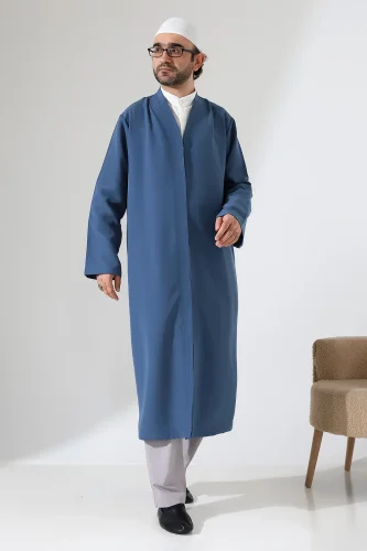 Erkek Namaz Elbisesi Buhara Yaka Cepli Namaz Cübbesi Mavi- (Sfa) 