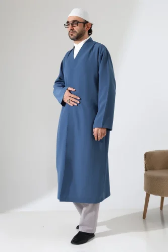 Erkek Namaz Elbisesi Buhara Yaka Cepli Namaz Cübbesi Mavi- (Sfa) - 5