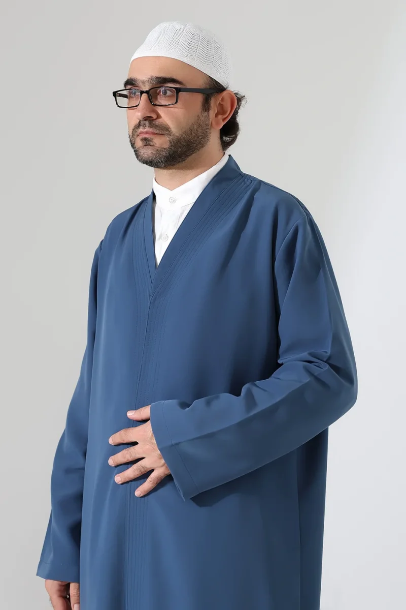 Erkek Namaz Elbisesi Buhara Yaka Cepli Namaz Cübbesi Mavi- (Sfa) - 7