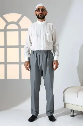 Erkek Rahat Kesim Beli Lastikli Cepli Hac ve Umre Kumaş Şalvar Pantolon - Gri (ISR) 