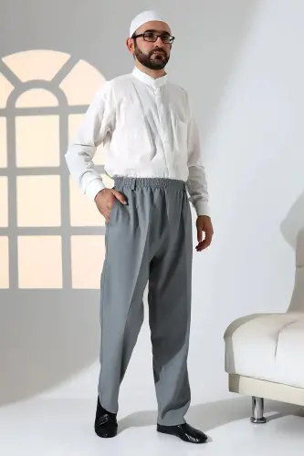 Erkek Rahat Kesim Beli Lastikli Cepli Hac ve Umre Kumaş Şalvar Pantolon - Gri (ISR) - 2