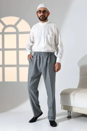 Erkek Rahat Kesim Beli Lastikli Cepli Hac ve Umre Kumaş Şalvar Pantolon - Gri (ISR) - 3