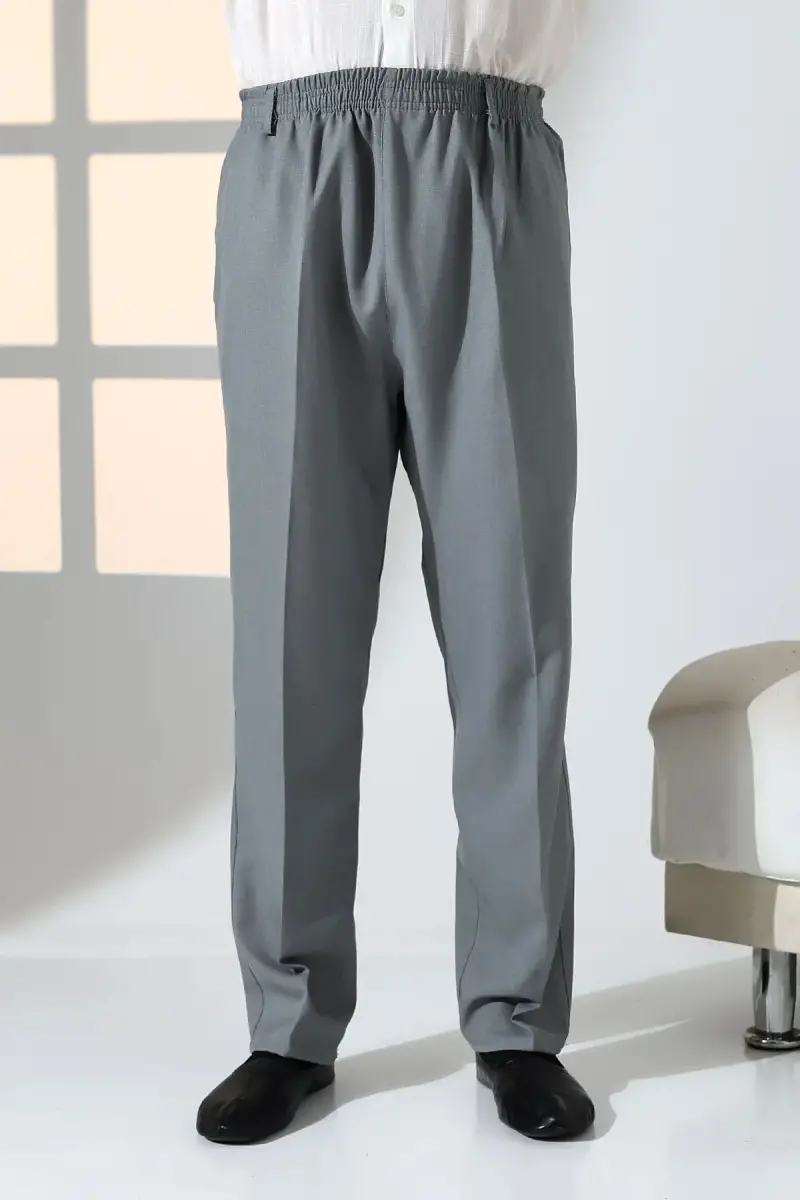 Erkek Rahat Kesim Beli Lastikli Cepli Hac ve Umre Kumaş Şalvar Pantolon - Gri (ISR) - 4