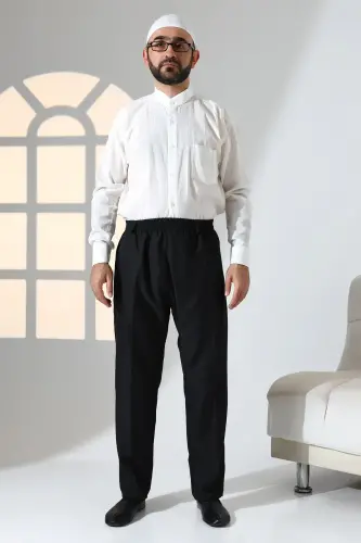 Erkek Rahat Kesim Beli Lastikli Cepli Hac ve Umre Kumaş Şalvar Pantolon - Siyah (ISR) 