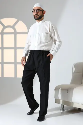 Erkek Rahat Kesim Beli Lastikli Cepli Hac ve Umre Kumaş Şalvar Pantolon - Siyah (ISR) - 2