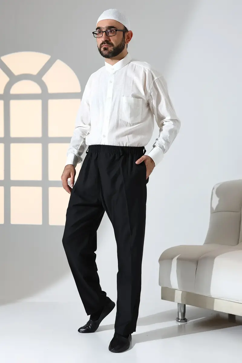 Erkek Rahat Kesim Beli Lastikli Cepli Hac ve Umre Kumaş Şalvar Pantolon - Siyah (ISR) - 2