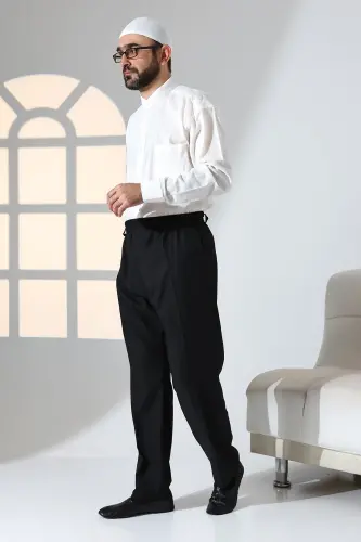 Erkek Rahat Kesim Beli Lastikli Cepli Hac ve Umre Kumaş Şalvar Pantolon - Siyah (ISR) - 3