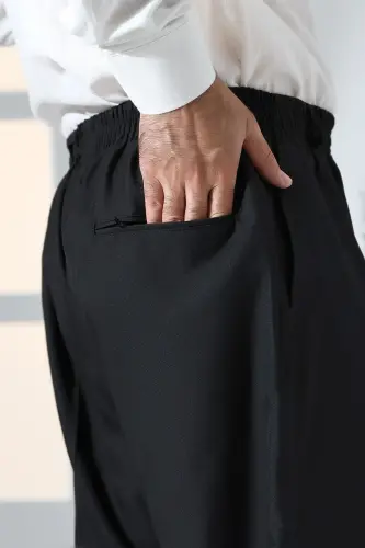 Erkek Rahat Kesim Beli Lastikli Cepli Hac ve Umre Kumaş Şalvar Pantolon - Siyah (ISR) - 6