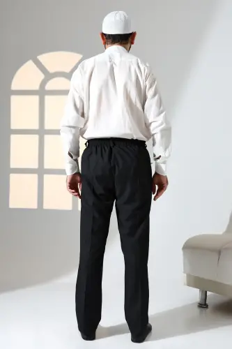 Erkek Rahat Kesim Beli Lastikli Cepli Hac ve Umre Kumaş Şalvar Pantolon - Siyah (ISR) - 7