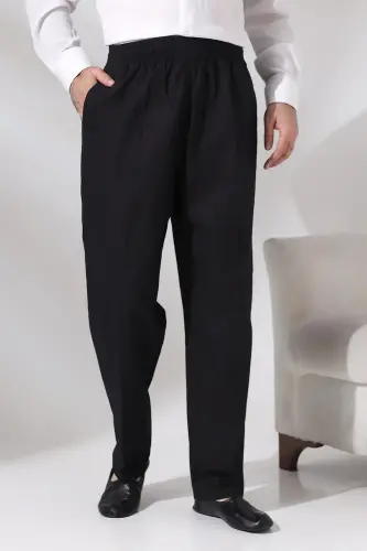 Erkek Siyah Çınar Rahat Kesim Beli Lastikli Hac ve Umre Keten Şalvar Pantolon 