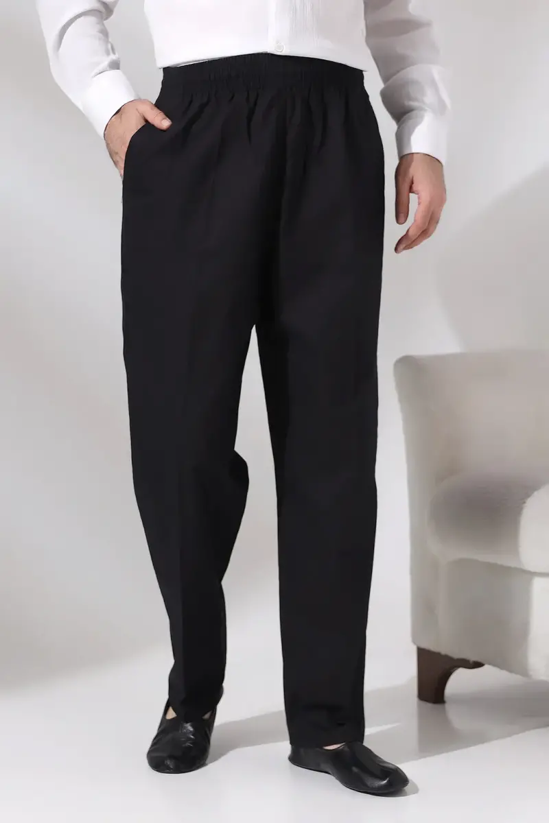 Erkek Siyah Çınar Rahat Kesim Beli Lastikli Hac ve Umre Keten Şalvar Pantolon - 1