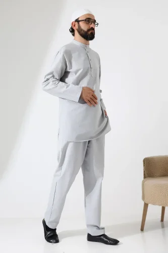Erkek Tek Cepli Gömlek Pantolon İkili Takım Hac ve Umre Kıyafeti Açık Gri (Vşn) - İhvan (1)