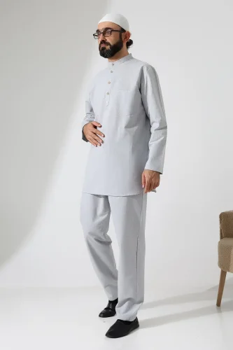 Erkek Tek Cepli Gömlek Pantolon İkili Takım Hac ve Umre Kıyafeti Açık Gri (Vşn) - 3