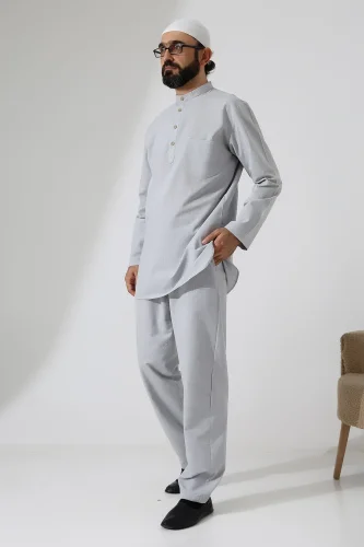 Erkek Tek Cepli Gömlek Pantolon İkili Takım Hac ve Umre Kıyafeti Açık Gri (Vşn) - 4