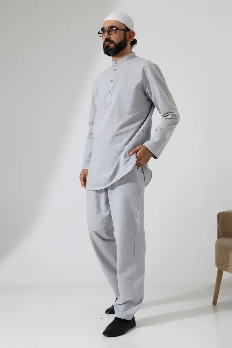Erkek Tek Cepli Gömlek Pantolon İkili Takım Hac ve Umre Kıyafeti Açık Gri (Vşn) - 4