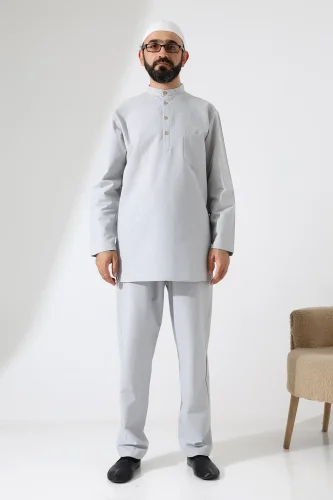 Erkek Tek Cepli Gömlek Pantolon İkili Takım Hac ve Umre Kıyafeti Açık Gri (Vşn) - 5