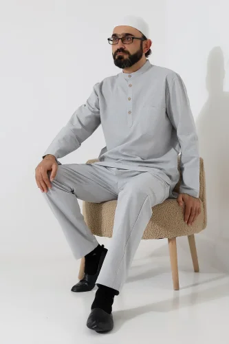 Erkek Tek Cepli Gömlek Pantolon İkili Takım Hac ve Umre Kıyafeti Açık Gri (Vşn) - 6