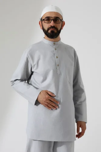 Erkek Tek Cepli Gömlek Pantolon İkili Takım Hac ve Umre Kıyafeti Açık Gri (Vşn) - 7
