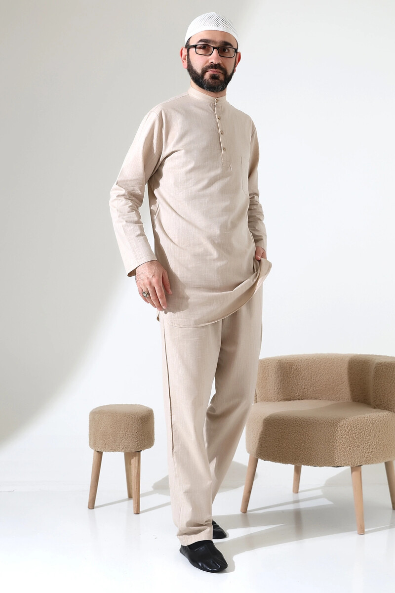 Erkek Tek Cepli Gömlek Pantolon İkili Takım Hac ve Umre Kıyafeti Bej (Vşn) - ihvanonline