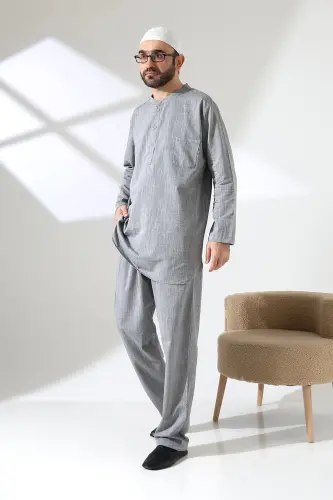 Erkek Tek Cepli Gömlek Pantolon İkili Takım Hac ve Umre Kıyafeti Gri (Vşn) - 4