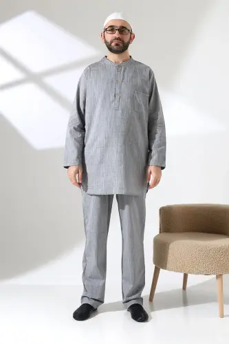Erkek Tek Cepli Gömlek Pantolon İkili Takım Hac ve Umre Kıyafeti Gri (Vşn) - 3