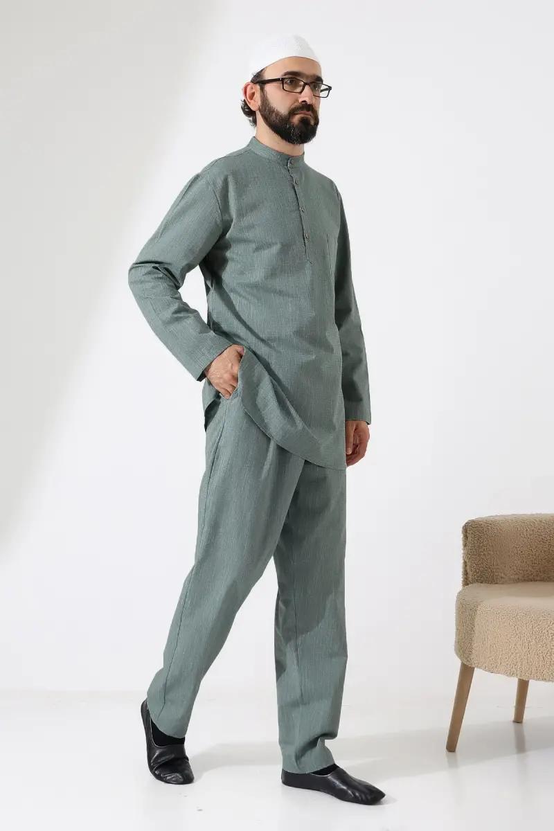 Erkek Tek Cepli Gömlek Pantolon İkili Takım Hac ve Umre Kıyafeti Yeşil (Vşn) - 1