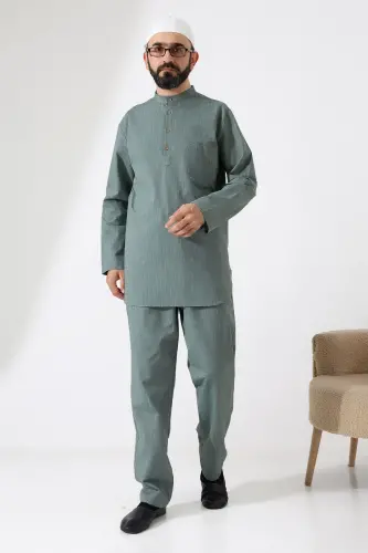 Erkek Tek Cepli Gömlek Pantolon İkili Takım Hac ve Umre Kıyafeti Yeşil (Vşn) - 3