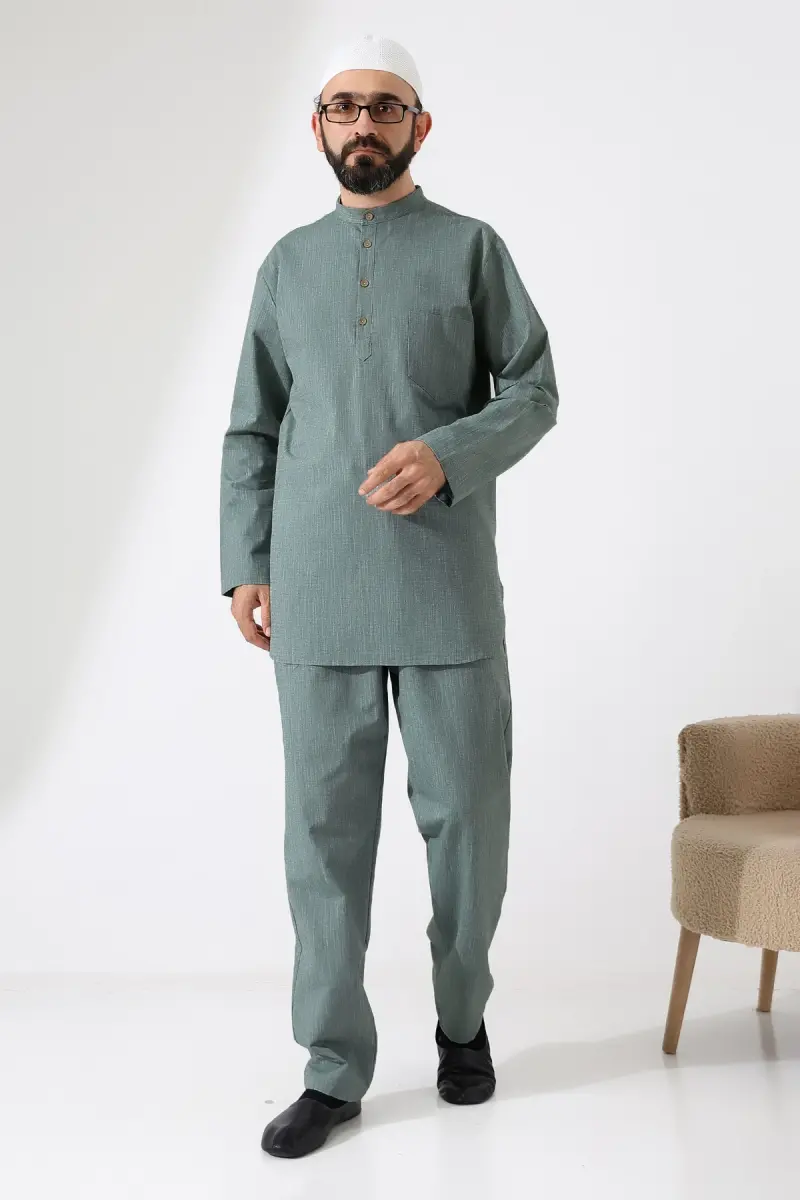Erkek Tek Cepli Gömlek Pantolon İkili Takım Hac ve Umre Kıyafeti Yeşil (Vşn) - 3