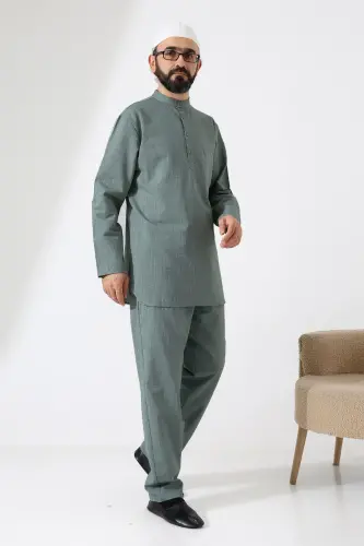 Erkek Tek Cepli Gömlek Pantolon İkili Takım Hac ve Umre Kıyafeti Yeşil (Vşn) - 4
