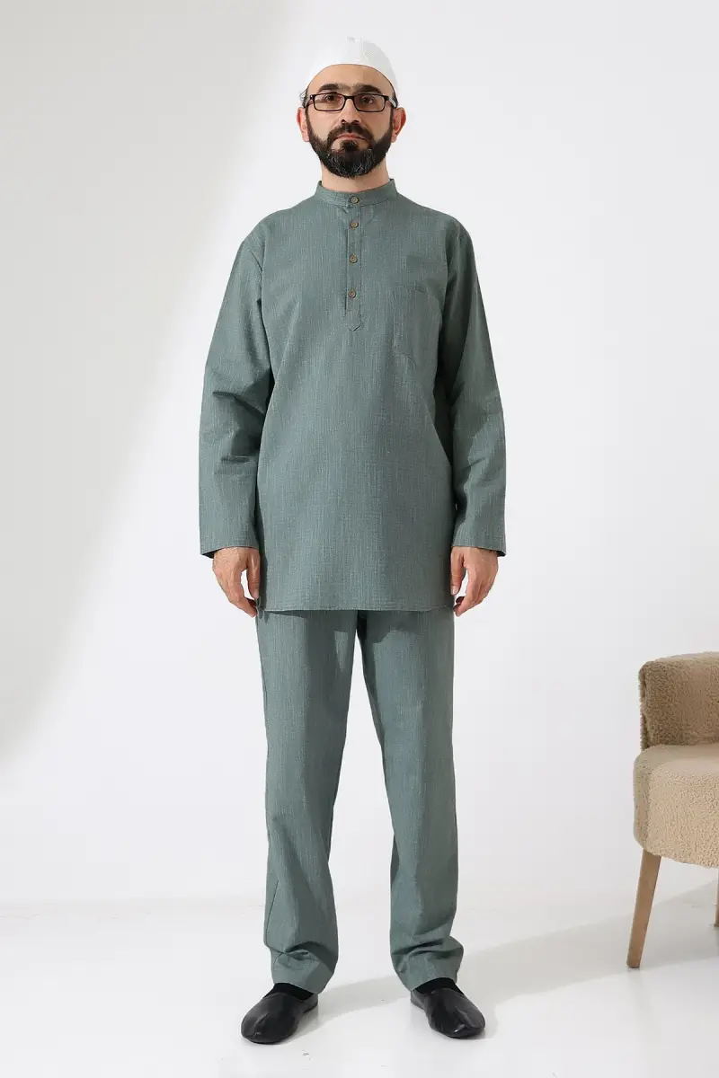 Erkek Tek Cepli Gömlek Pantolon İkili Takım Hac ve Umre Kıyafeti Yeşil (Vşn) - 5