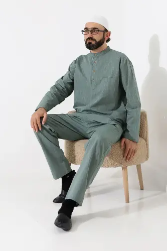Erkek Tek Cepli Gömlek Pantolon İkili Takım Hac ve Umre Kıyafeti Yeşil (Vşn) - 6