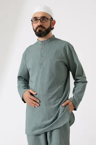 Erkek Tek Cepli Gömlek Pantolon İkili Takım Hac ve Umre Kıyafeti Yeşil (Vşn) - 7