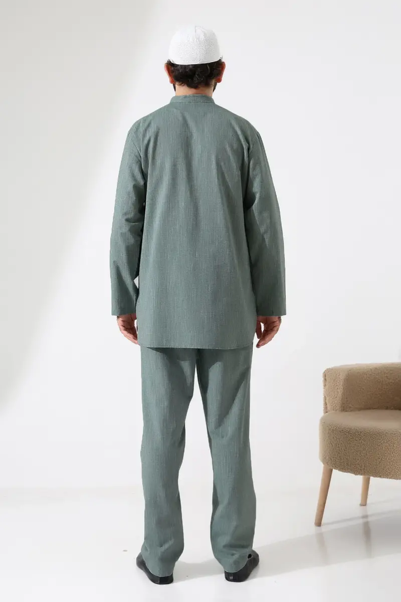 Erkek Tek Cepli Gömlek Pantolon İkili Takım Hac ve Umre Kıyafeti Yeşil (Vşn) - 8